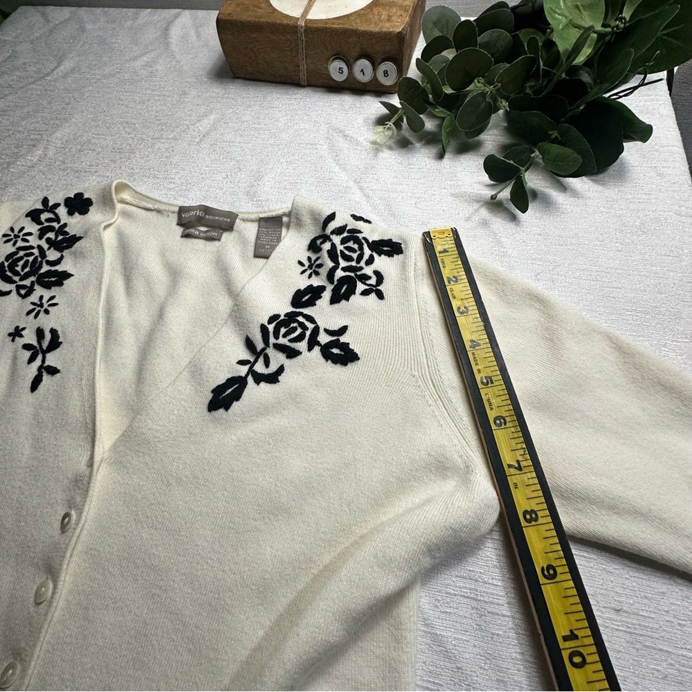 Valerie Separates Cream Button Up Cardigan Sweater w/ Black Floral Embroidery/M - Picture 9 of 9